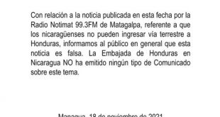 Nota aclaratoria de la embajada de Honduras en referencia a cierre de la frontera