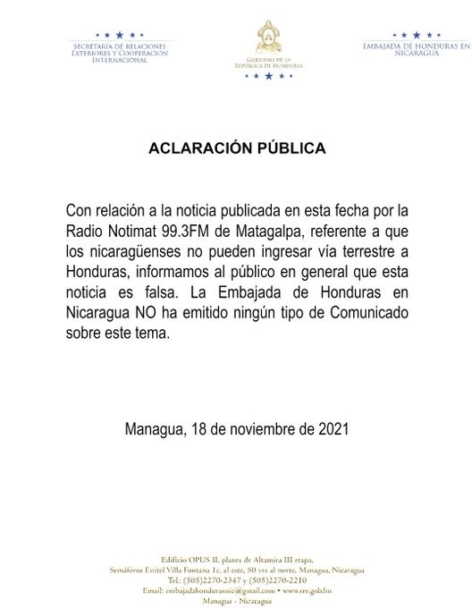 Nota aclaratoria de la embajada de Honduras en referencia a cierre de la frontera 